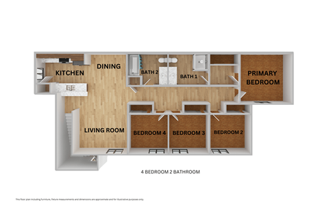 Floor plan for 4 beds, 2 baths, 1398 sqft